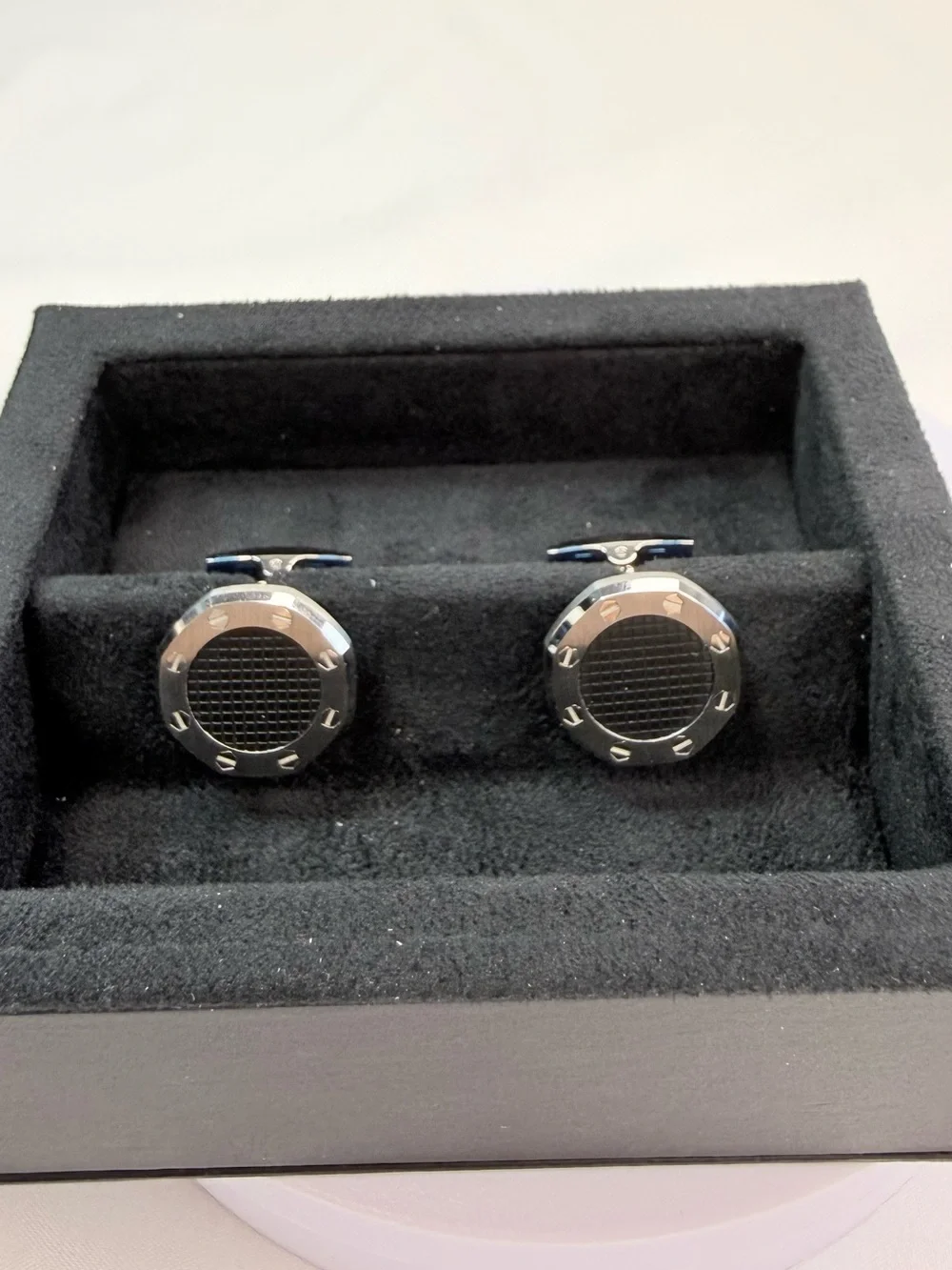 Audemars Piguet Black and Silver Round Grid Cufflinks